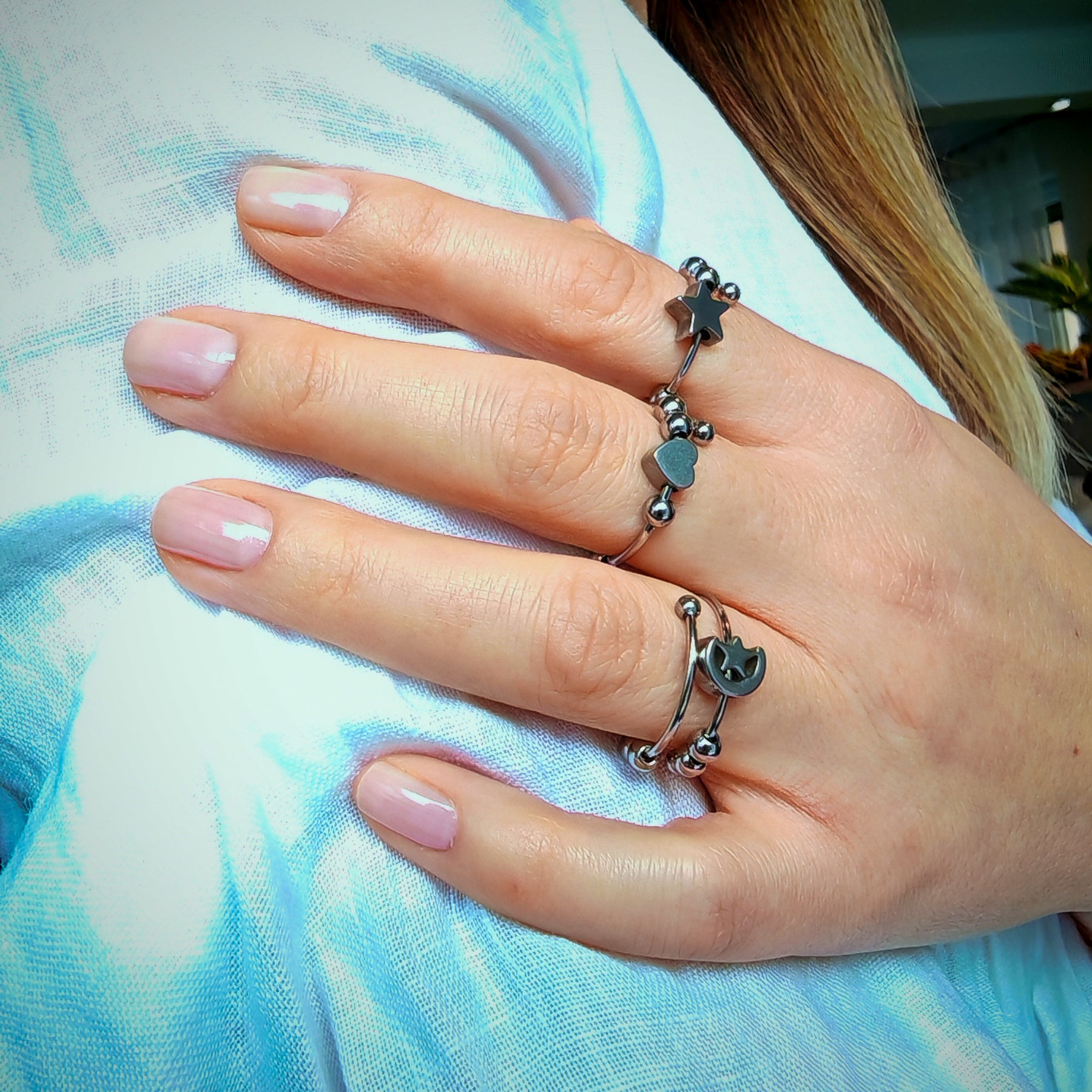 Silver Antistress Ring with 4 Pearls, Star, and Moon | Sloffy™