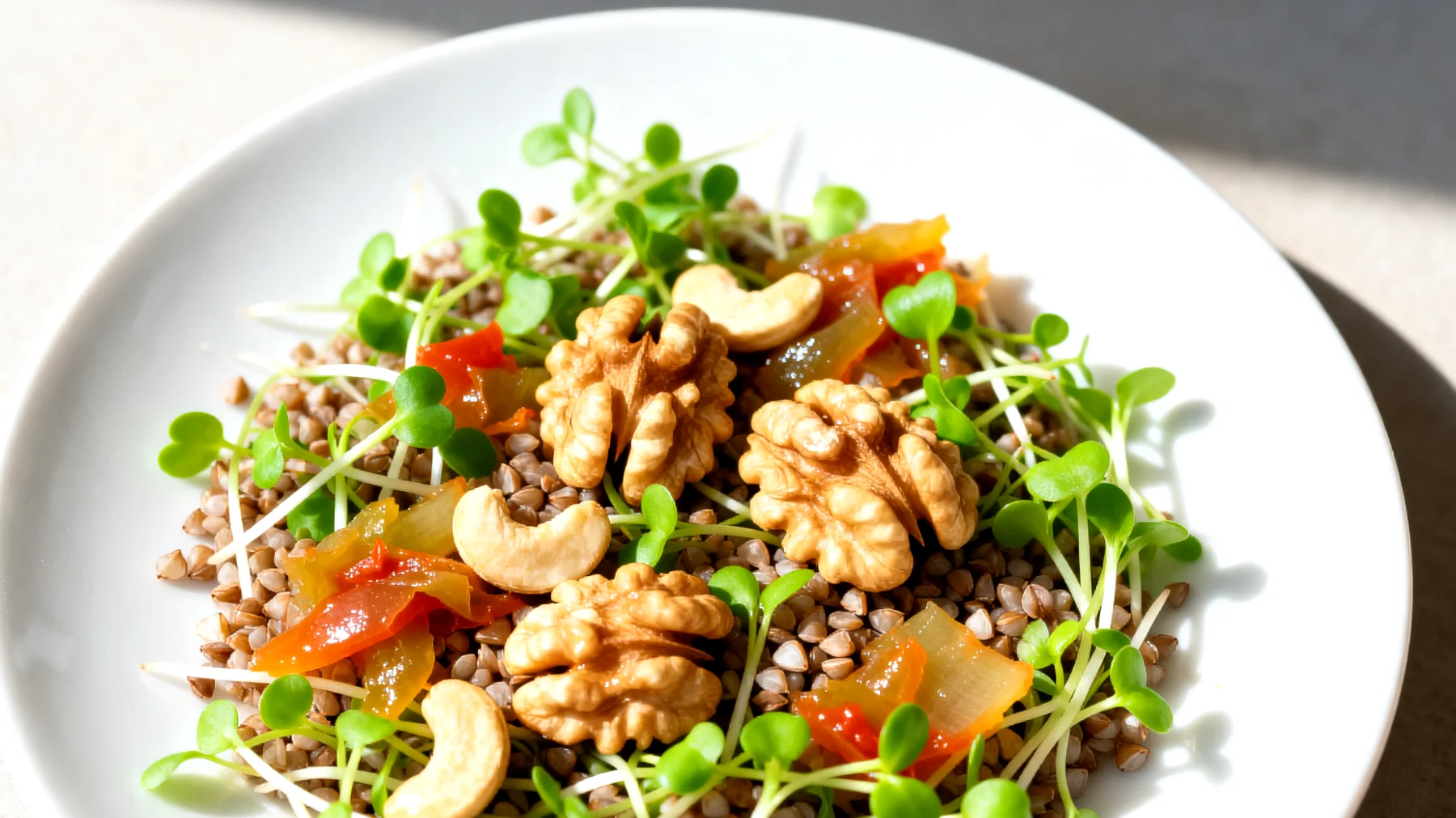 Buchweizen-Sprossen-Salat mit fermentiertem Gemüse und Walnüssen"