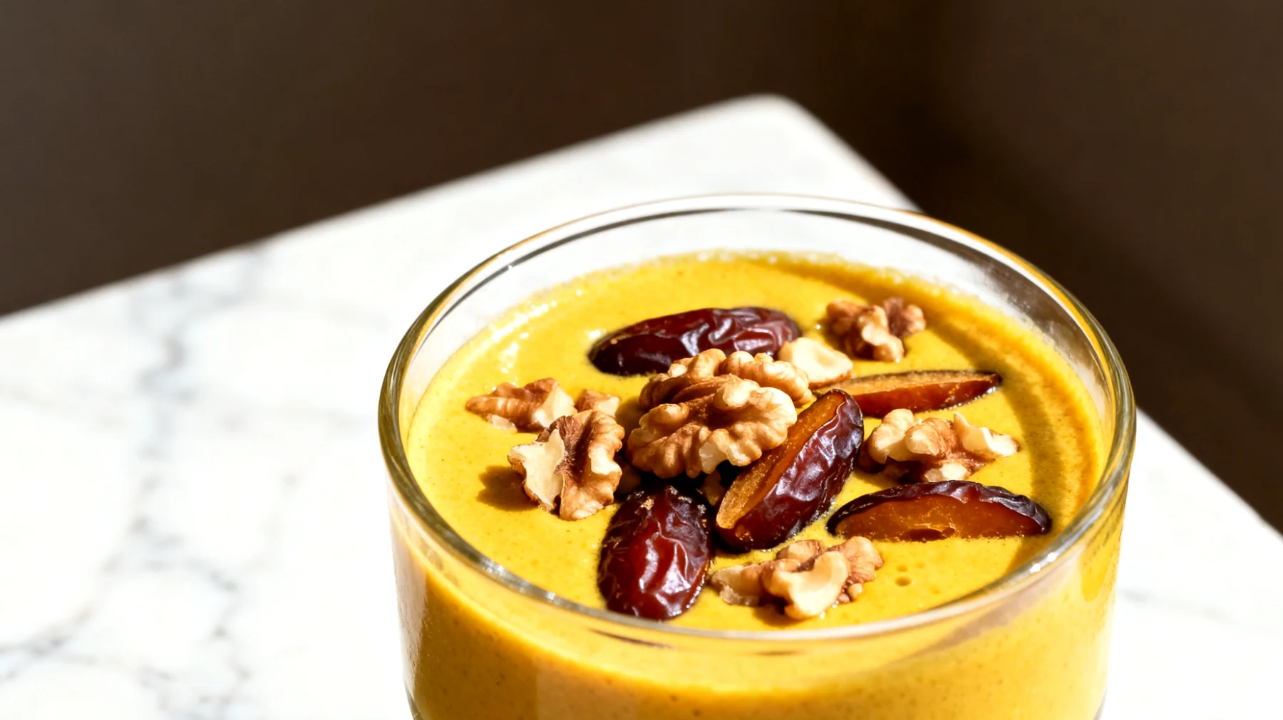 Goldene Milch mit Walnüssen und Datteln (Kurkuma-Latte mit Nusstopping)"