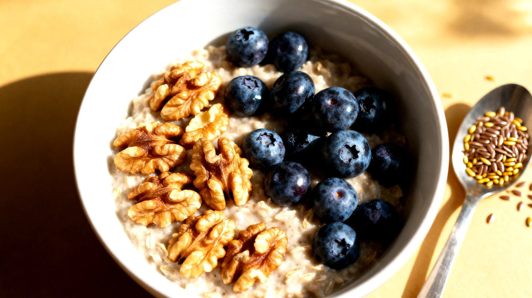 Hafer-Porridge mit Walnüssen, Blaubeeren und einem Löffel Leinsamen"
