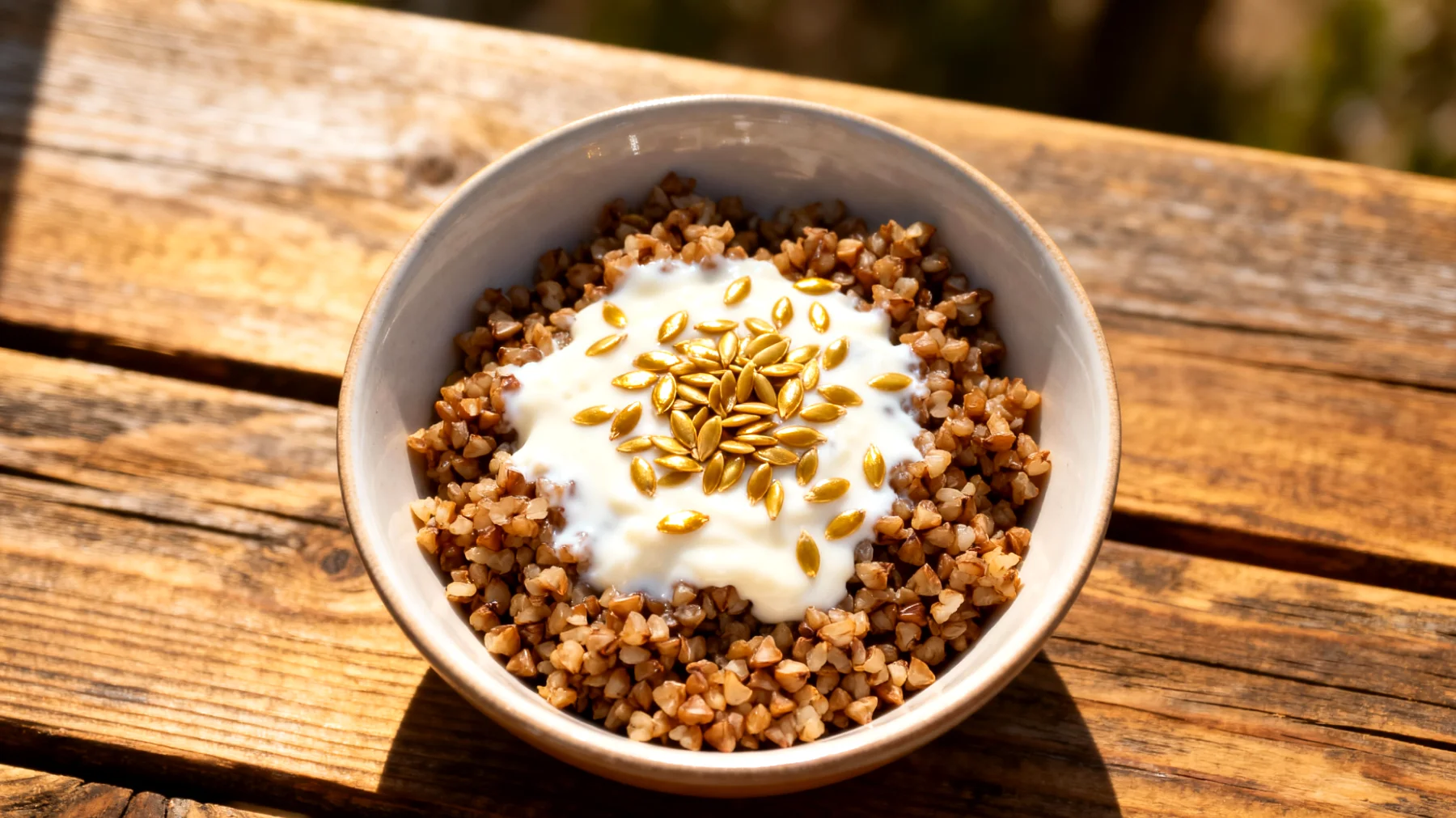 Kasha (gerösteter Buchweizen) mit Kefir und Leinsamen"
