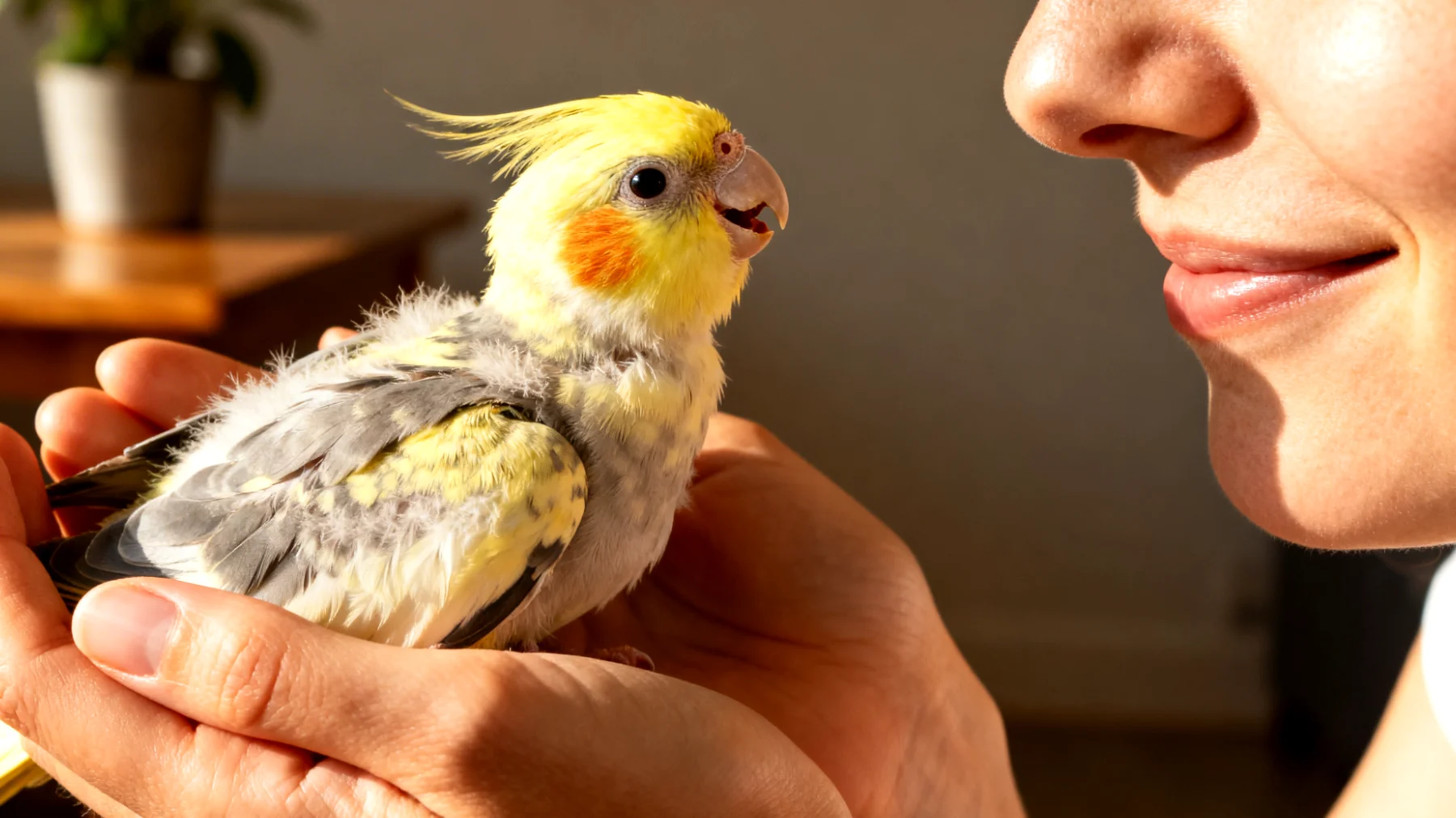 Nymphensittich-Küken benötigt eine sanfte und stressfreie Eingewöhnung in sein neues Zuhause, wobei Vertrauen aufgebaut und die Bindung zum Halter gefördert werden muss, während gleichzeitig auf die besonderen Bedürfnisse und die Empfindlichkeit des Jungvogels Rücksicht genommen wird"
