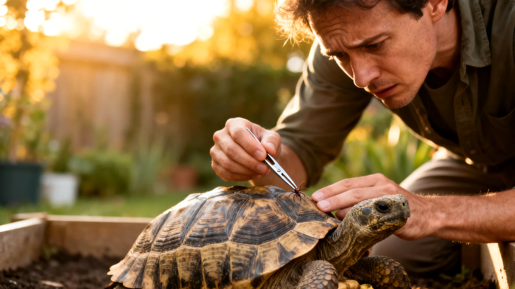 Schildkröten im Garten benötigen ein artgerechtes Gehege mit geeigneten Temperaturbedingungen, UV-Lichtversorgung und Schutz vor Parasiten wie Zecken und Fliegen, die besonders bei Landschildkröten zu gesundheitlichen Problemen führen können"